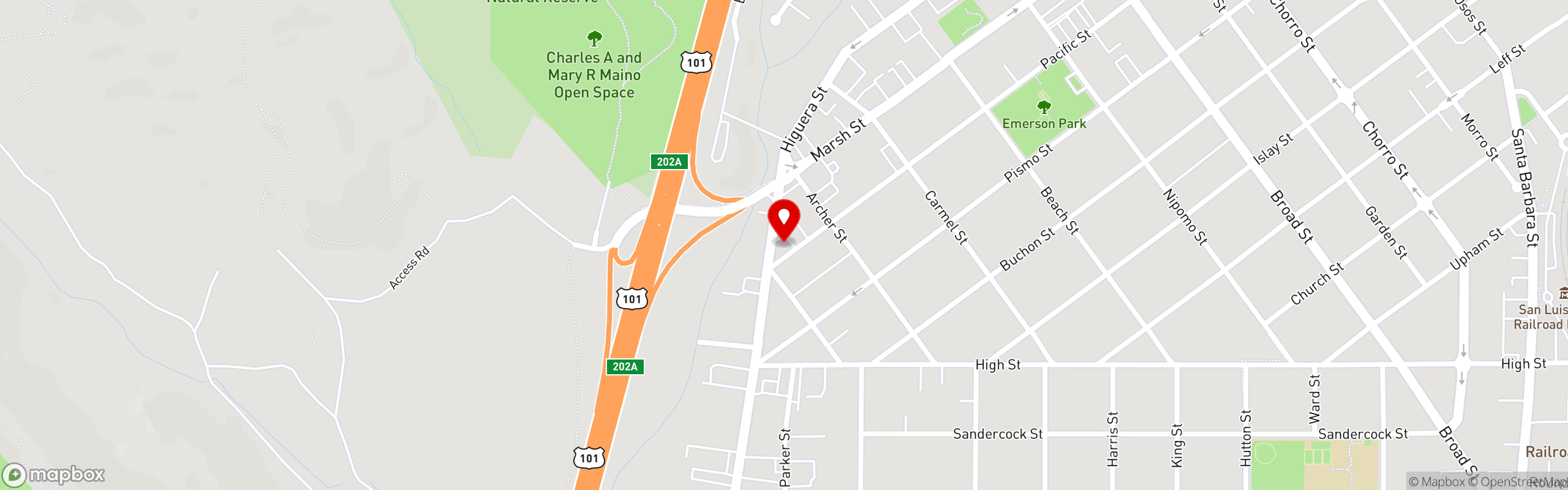 Street map pinning Ben Franklin's Deli in Higuera street