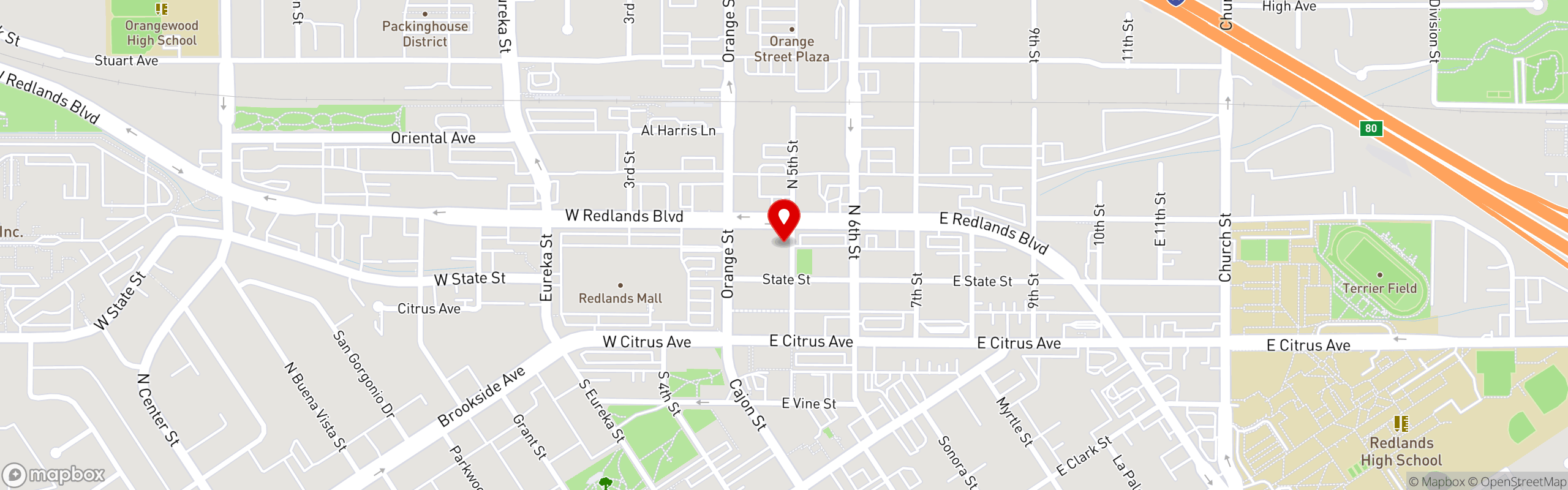 Street map pinning Molinos Coffee in Redlands
