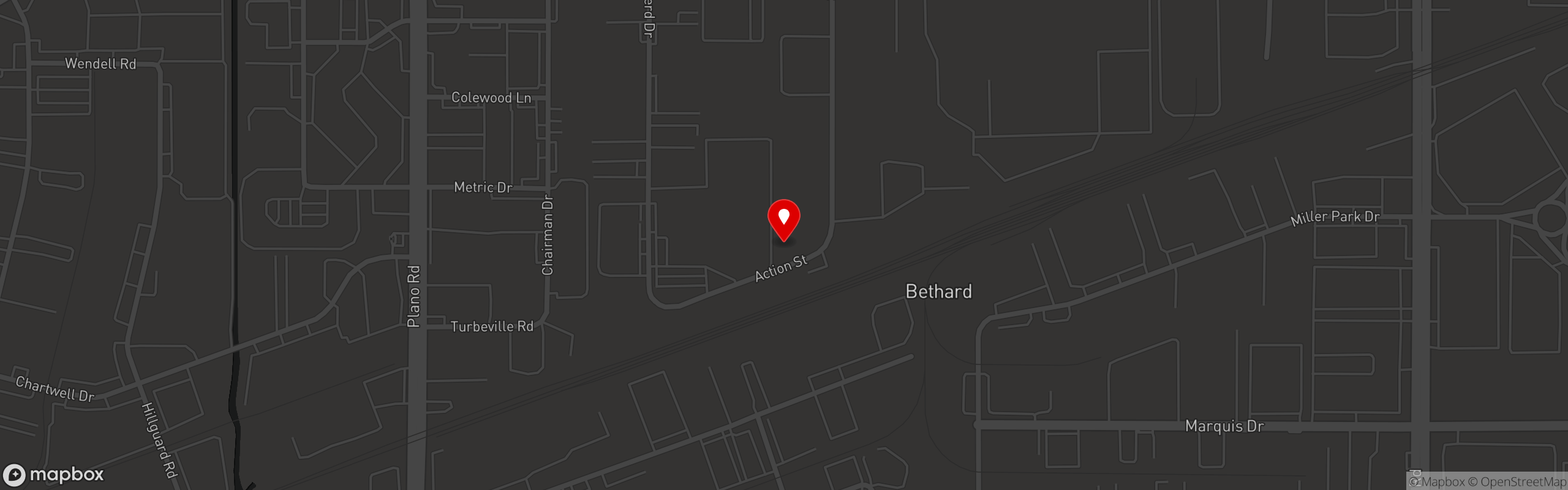 Street map pinning Thornhill Catering in Garland, TX