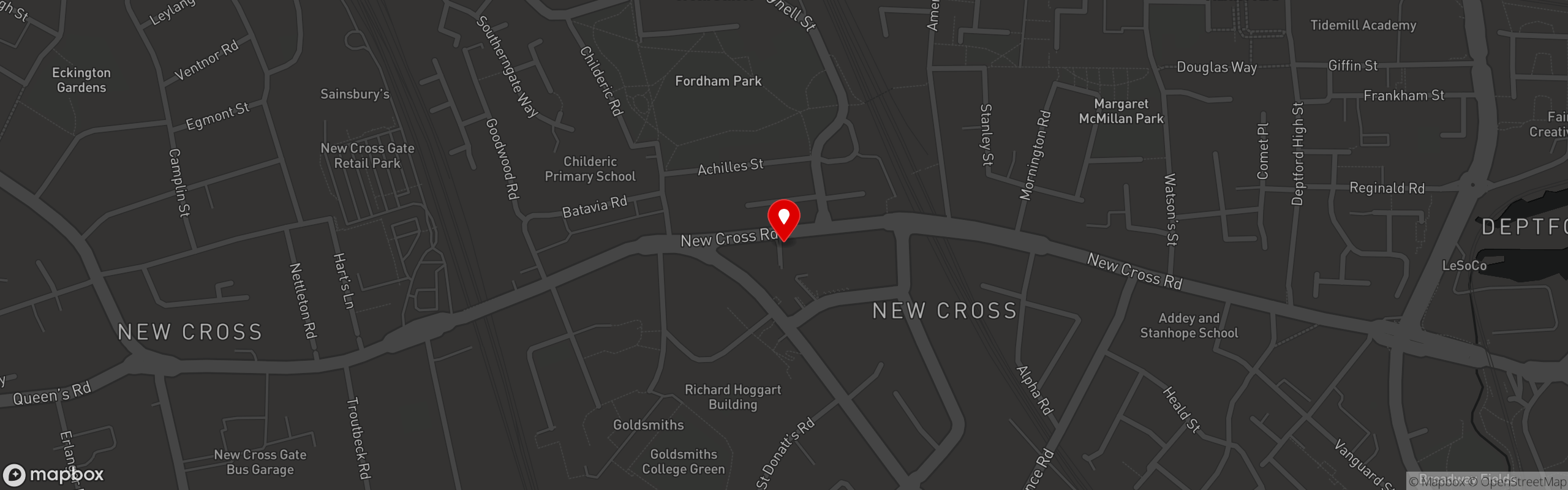 Street map pinning Papi's Grill Restaurant & Bar in New Cross, London