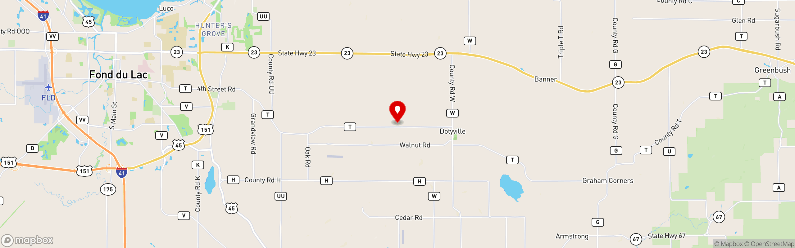 Street map pinning Red Cabin at Green Acres Bar & Supper Club in Fond du Lac
