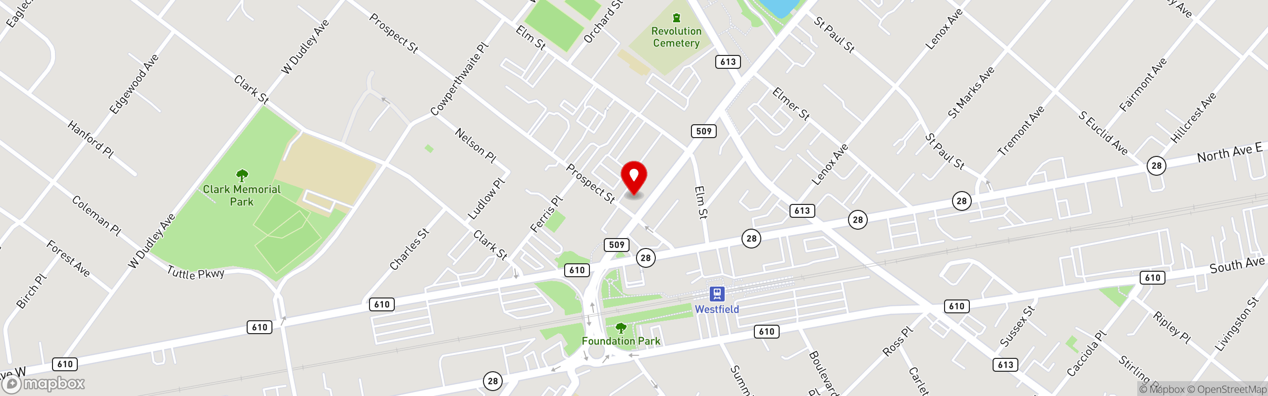 Street map pinning Broadway Chicken in Westfield