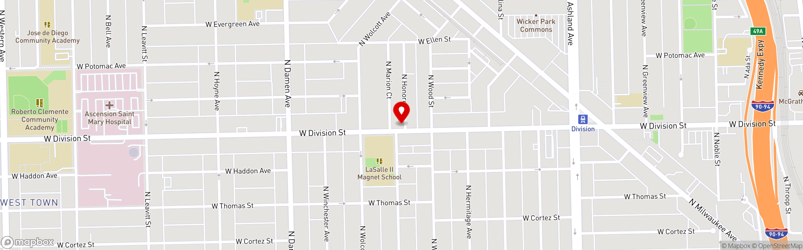 Street map pinning Parlor Pizza Bar in Wicker Park