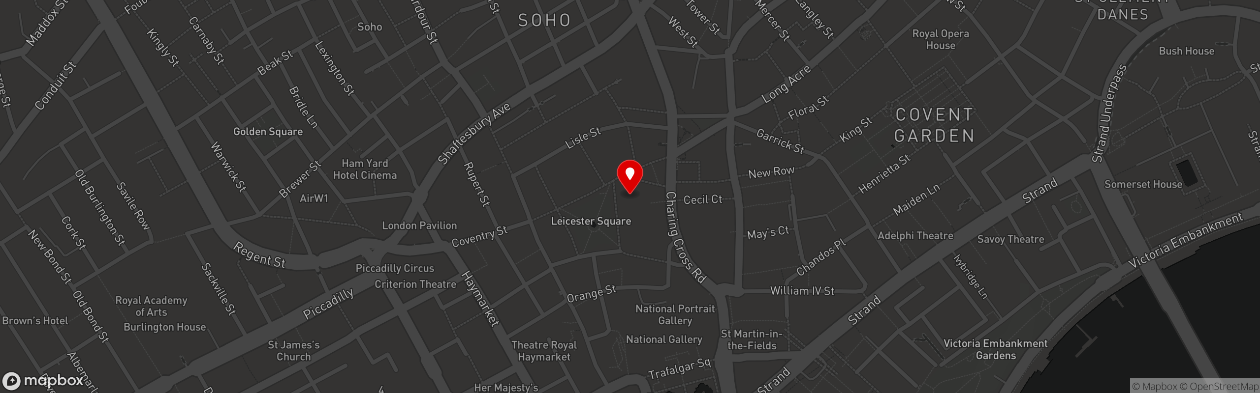 Street map pinning McCarthys Irish Bar & Deli in Leicester Square Market Halls