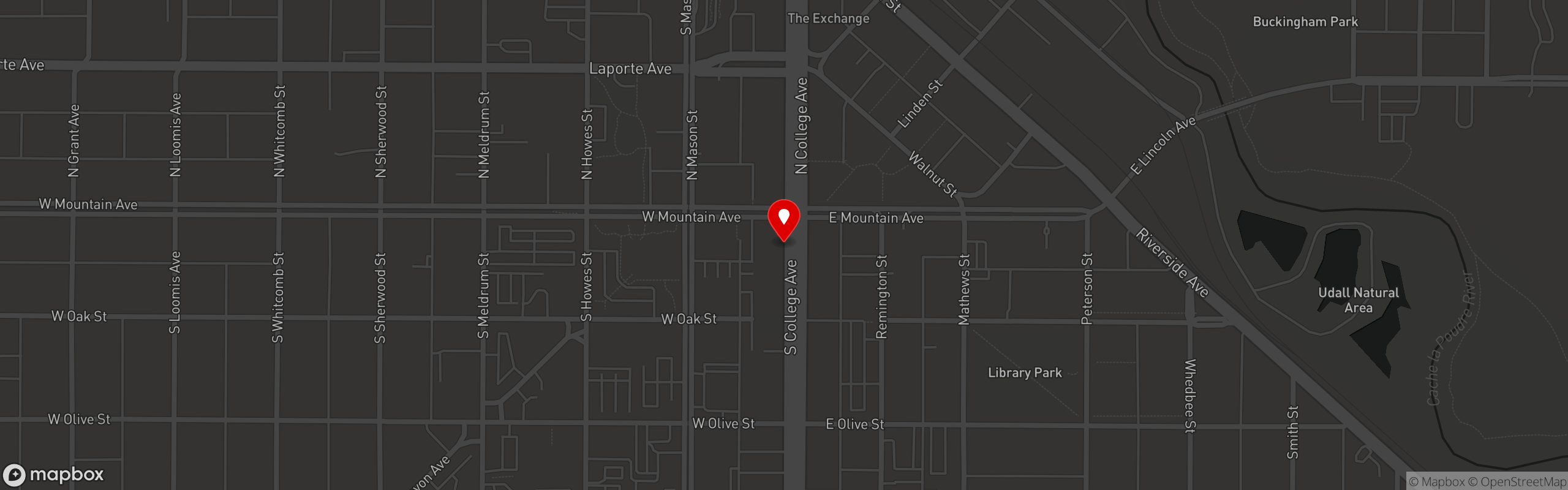 Street map pinning Sonny Lubick's Steakhouse in Sonny Lubick's Steakhouse - Fort Collins