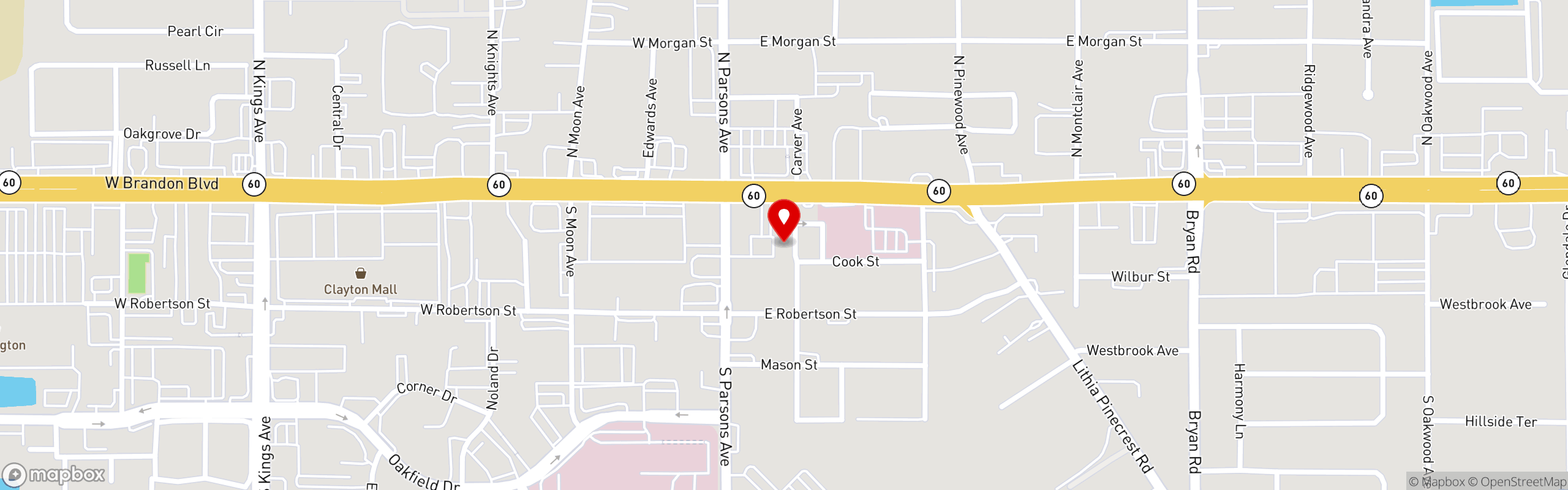 Street map pinning Shells Seafood in Brandon