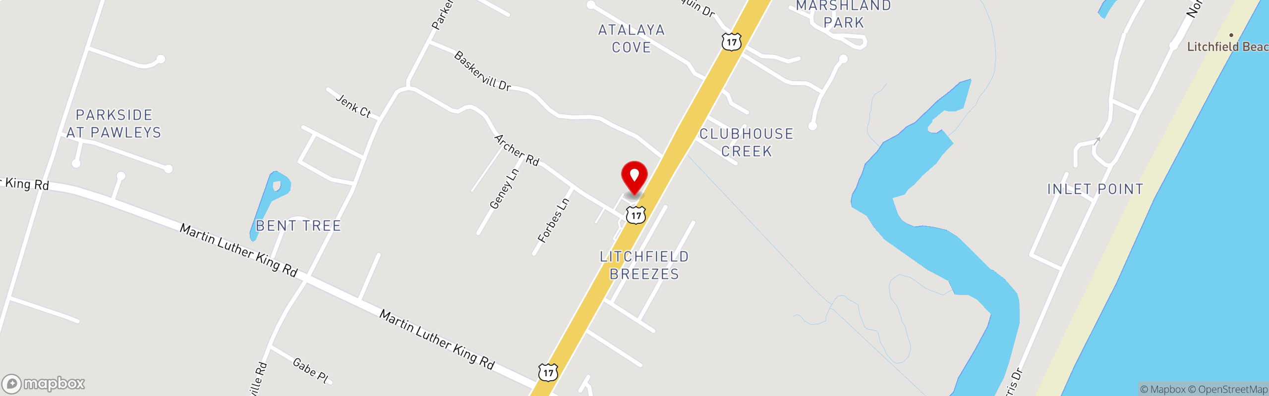 Street map pinning Litchfield Restaurant in Pawleys Island