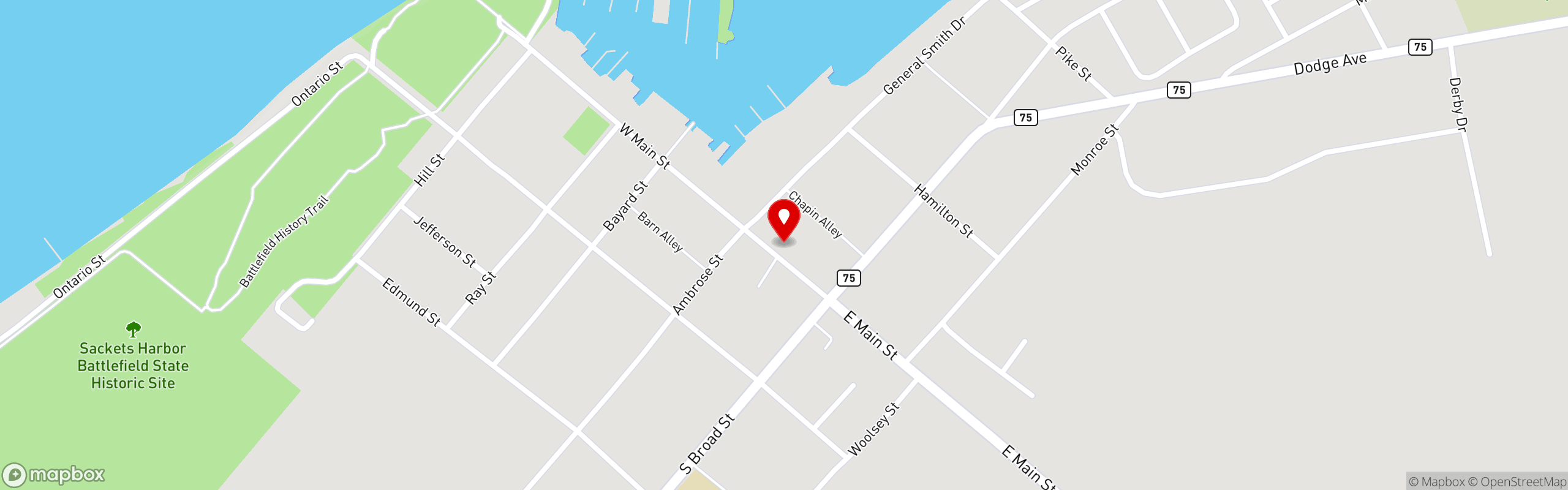 Street map pinning Tin Pan Galley in Sackets Harbor