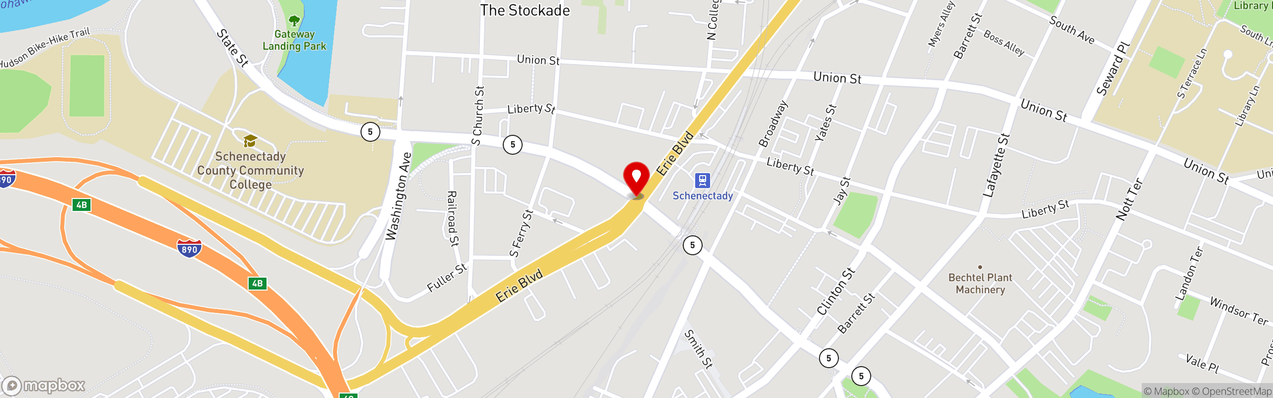 Street map pinning Katie O'Byrnes Irish Pub in Schenectady