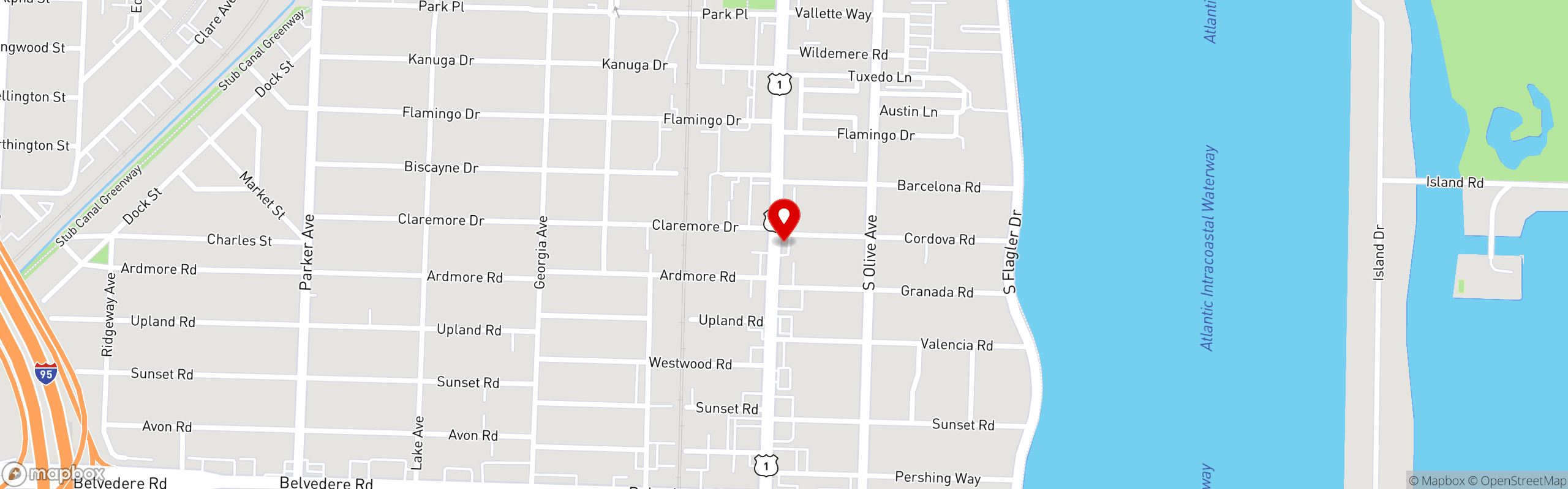 Street map pinning Joy Noodles and Asian Cuisine in West Palm Beach