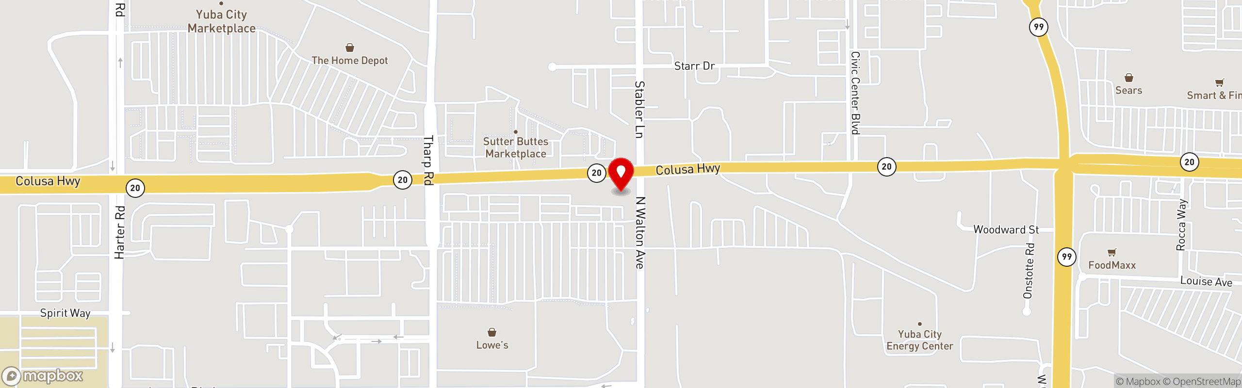 Street map pinning Dancing Tomato Caffé in Yuba City