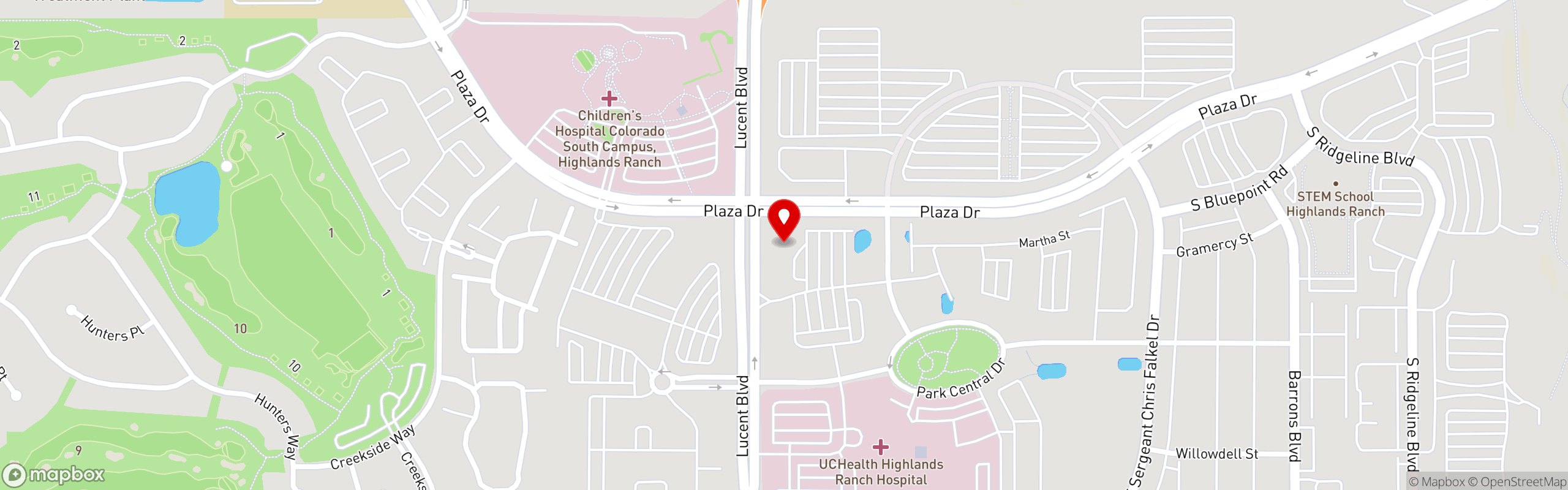 Street map pinning Rock Bottom Restaurant & Brewery in Highlands Ranch