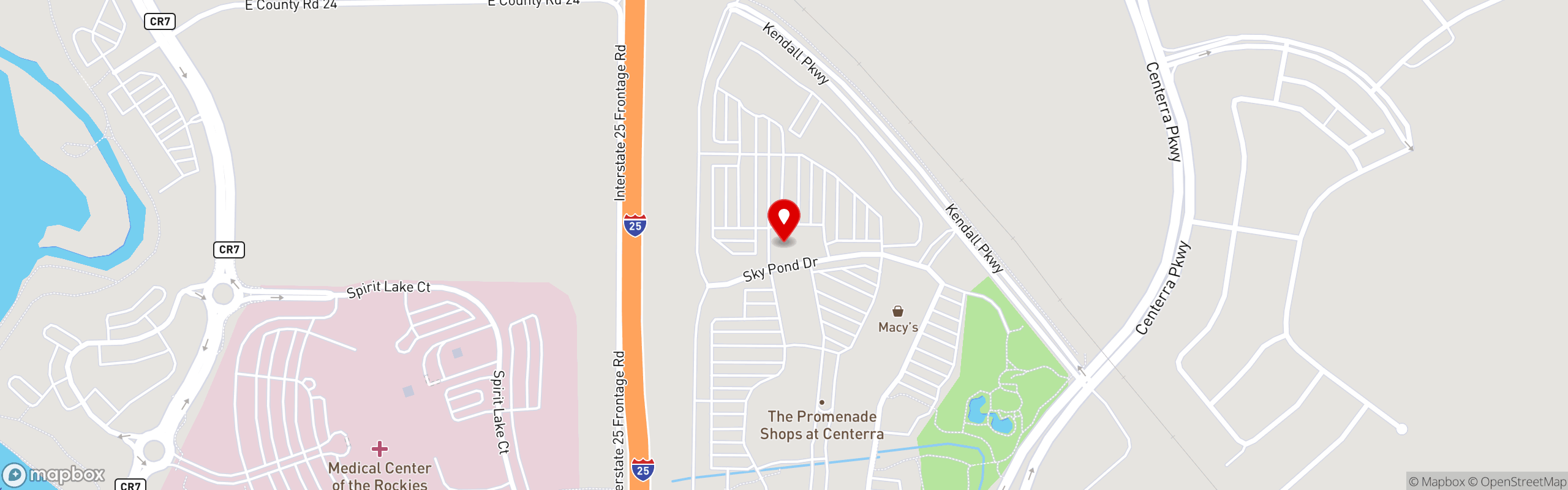 Street map pinning Rock Bottom Restaurant & Brewery in Centerra / Loveland