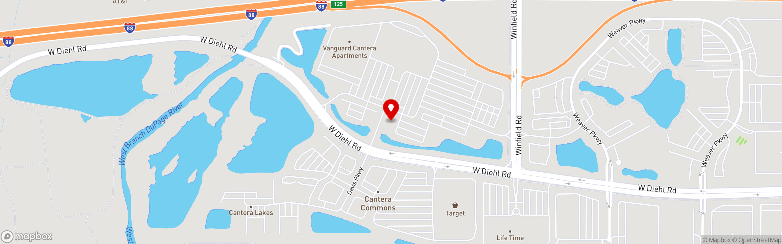 Street map pinning Rock Bottom Restaurant & Brewery in Warrenville