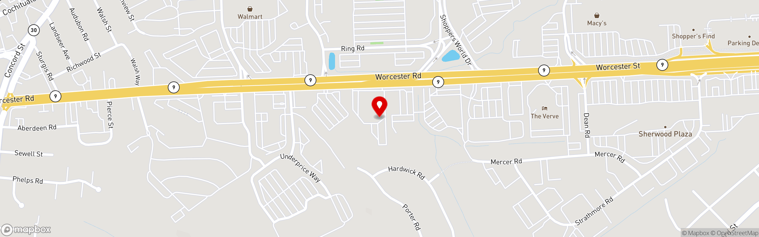 Street map pinning J&M Diner in Framingham