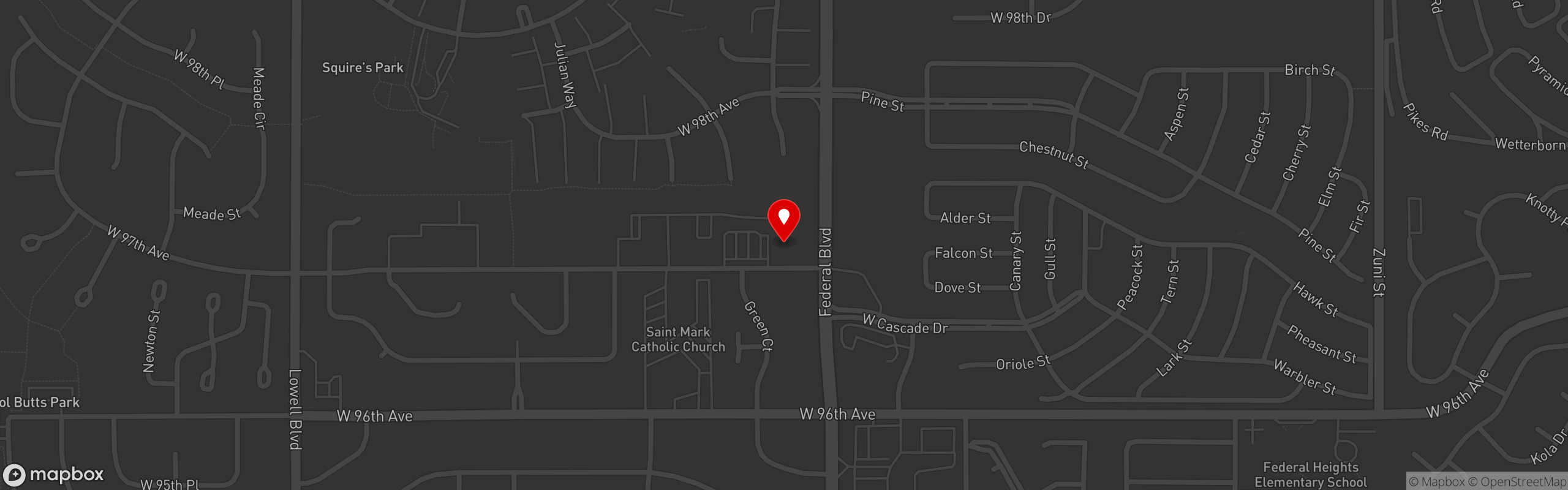Street map pinning The Wishbone Family Restaurant in Westminster, CO