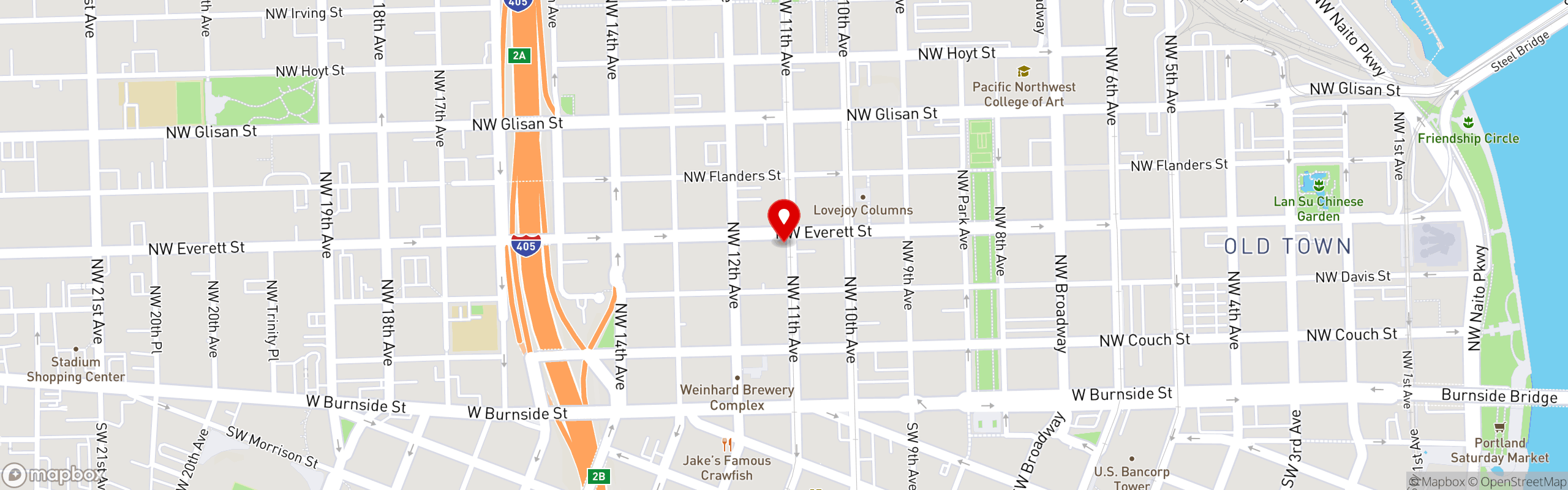 Street map pinning Backwoods Brewing Company in Backwoods in the Pearl