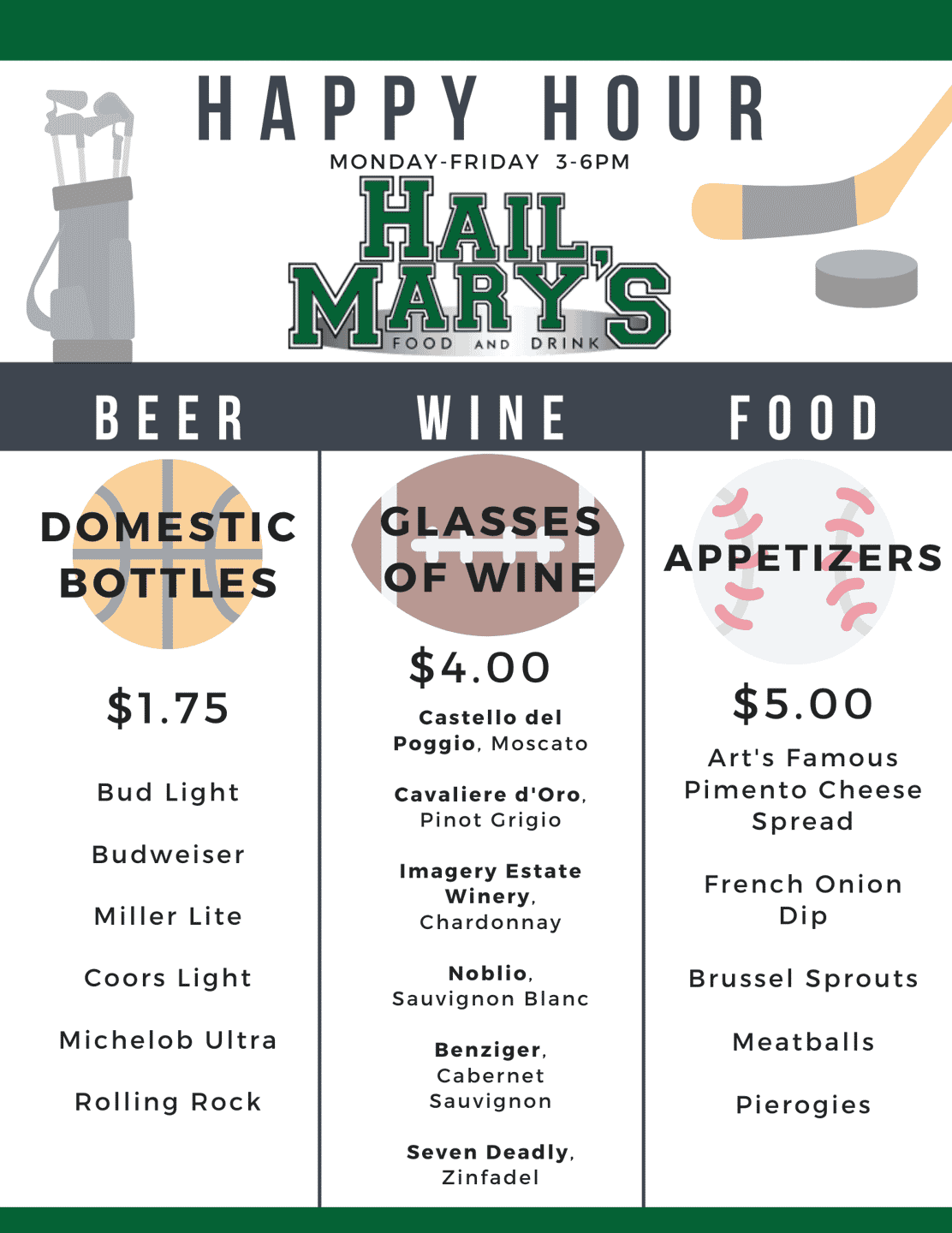 Happy Hour menu Hail Mary's Bar & Grill in Westlake, OH
