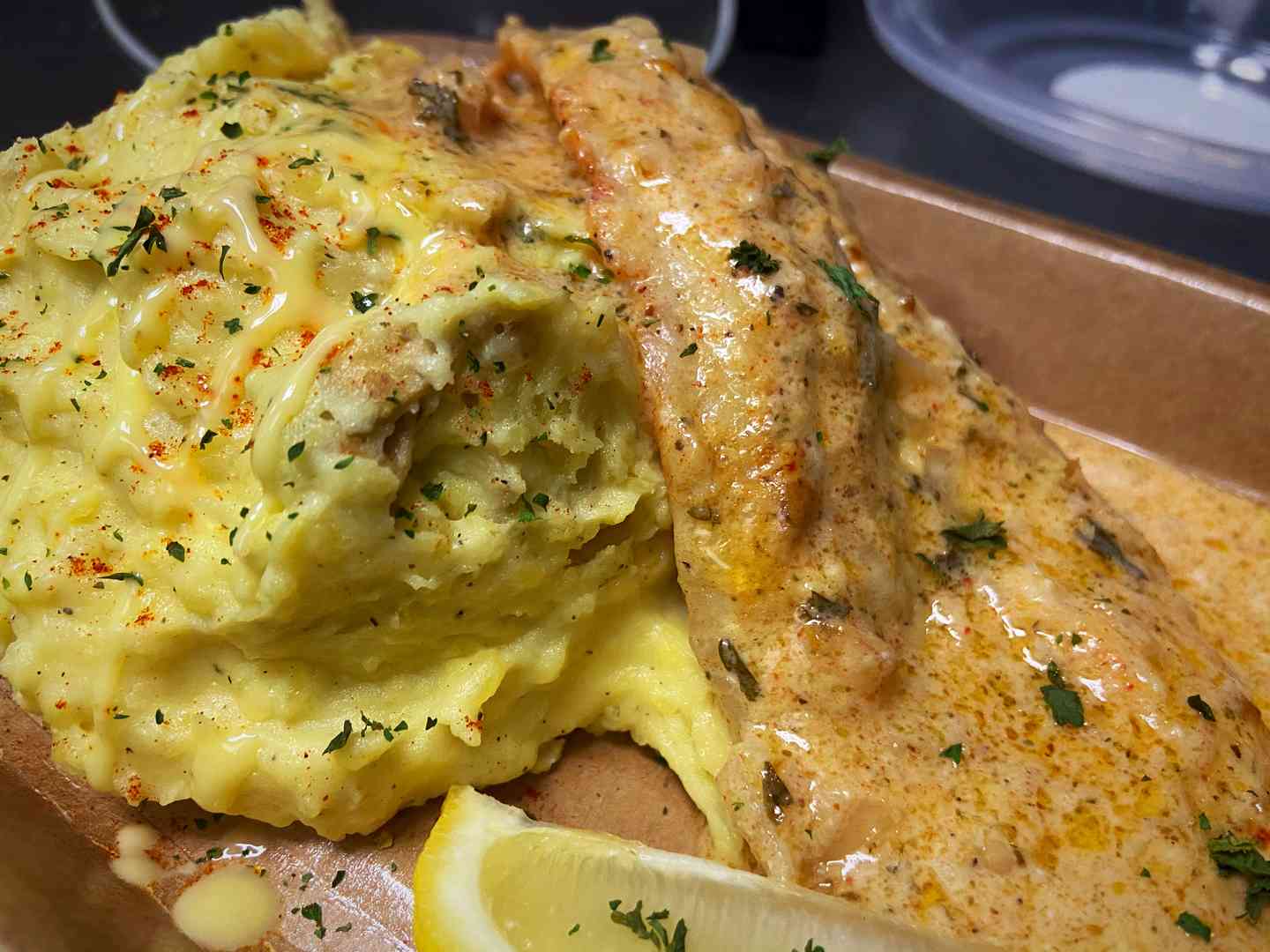Lemon Glaze Baked Fish & Gold Mash