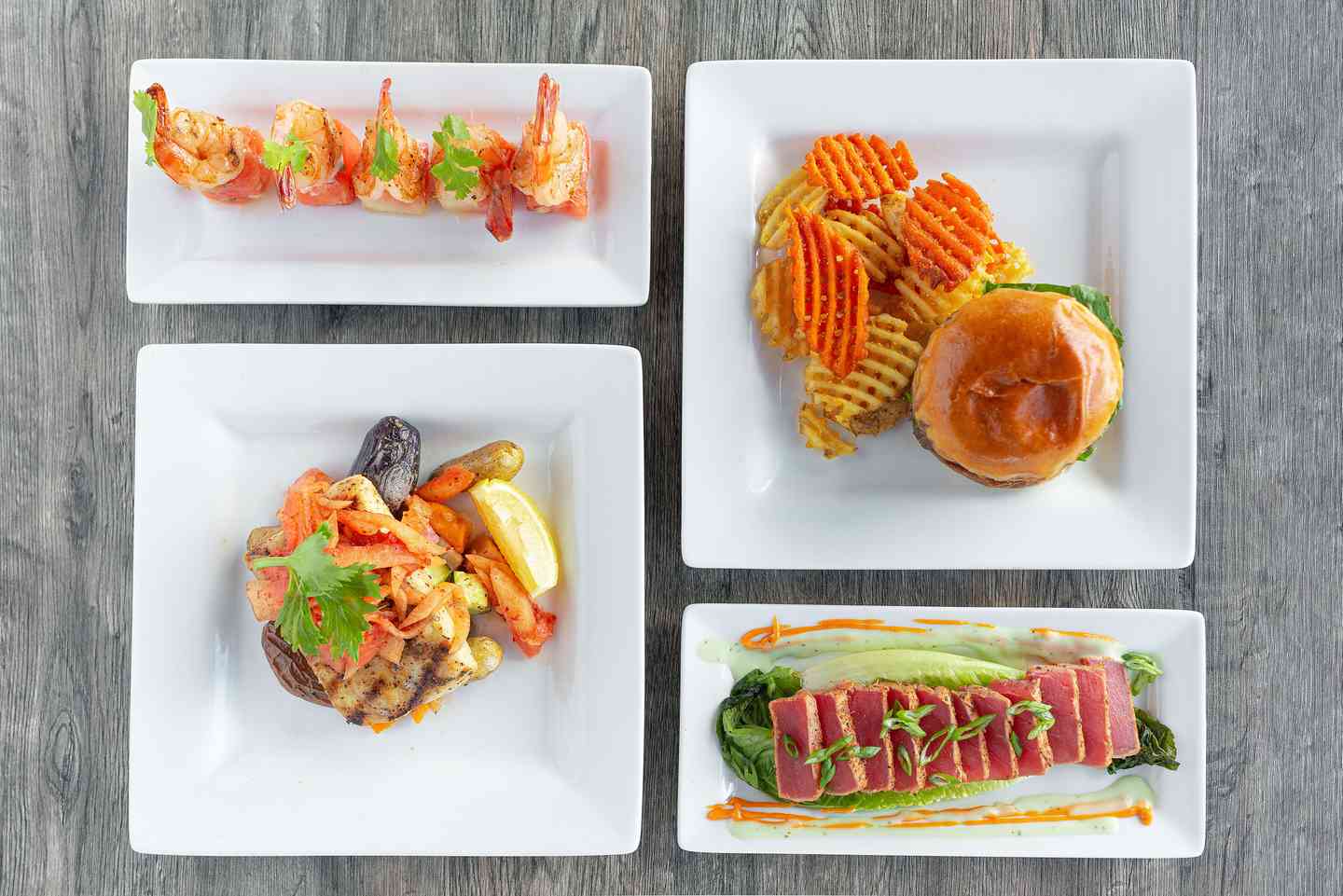shrimp bites, burger, jiro