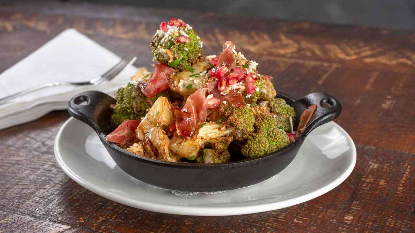 Cast Iron Roasted Brussels Sprouts, Romanesco Cauliflower and Kurobuta Pork Belly