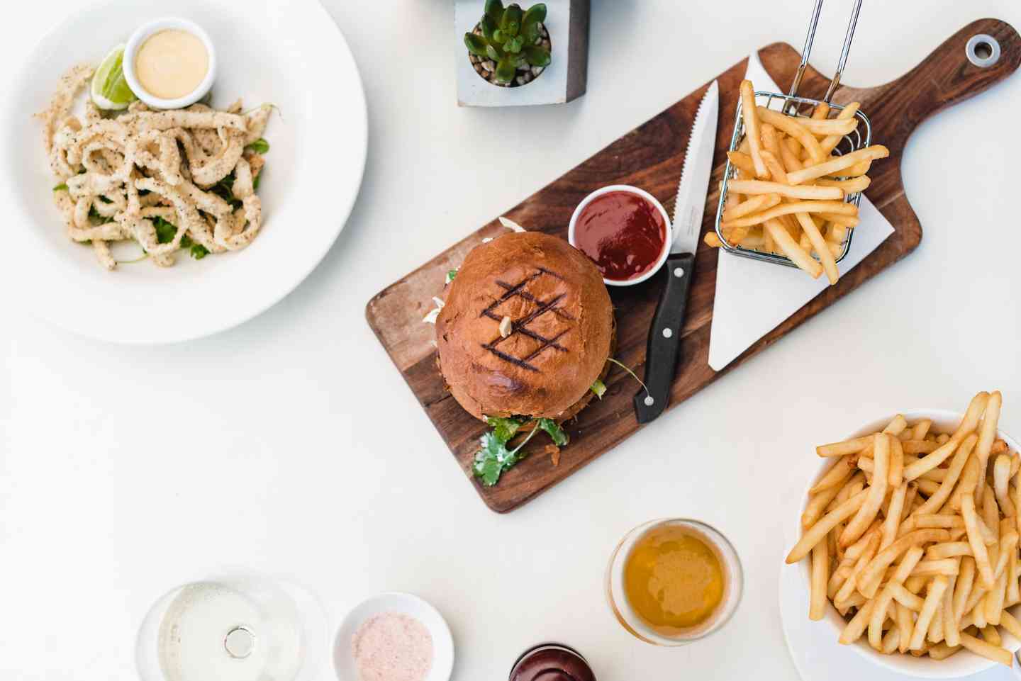 burger, fries and calamari