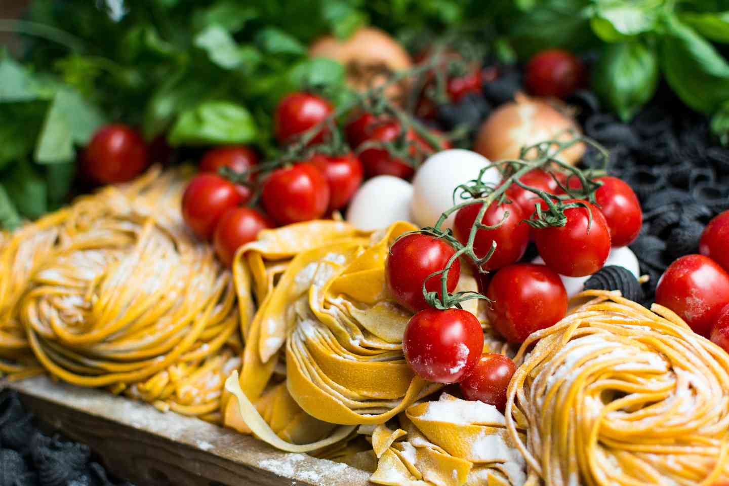 fresh pasta, tomatoes, basil