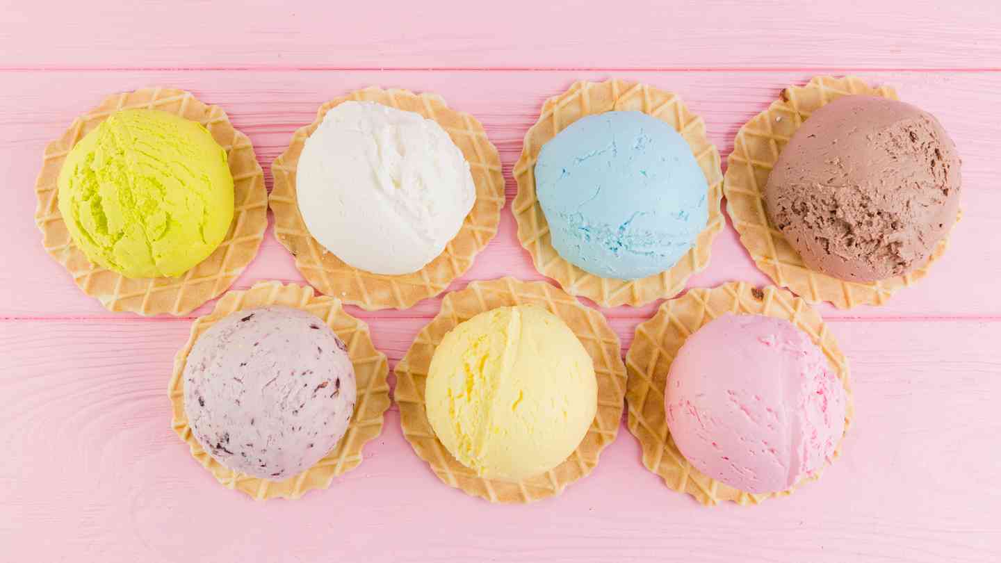 Various flavors of icecream on waffle cone
