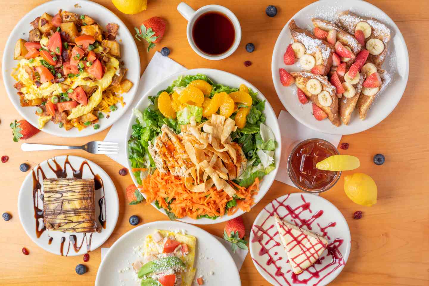Spread of entrees and desserts