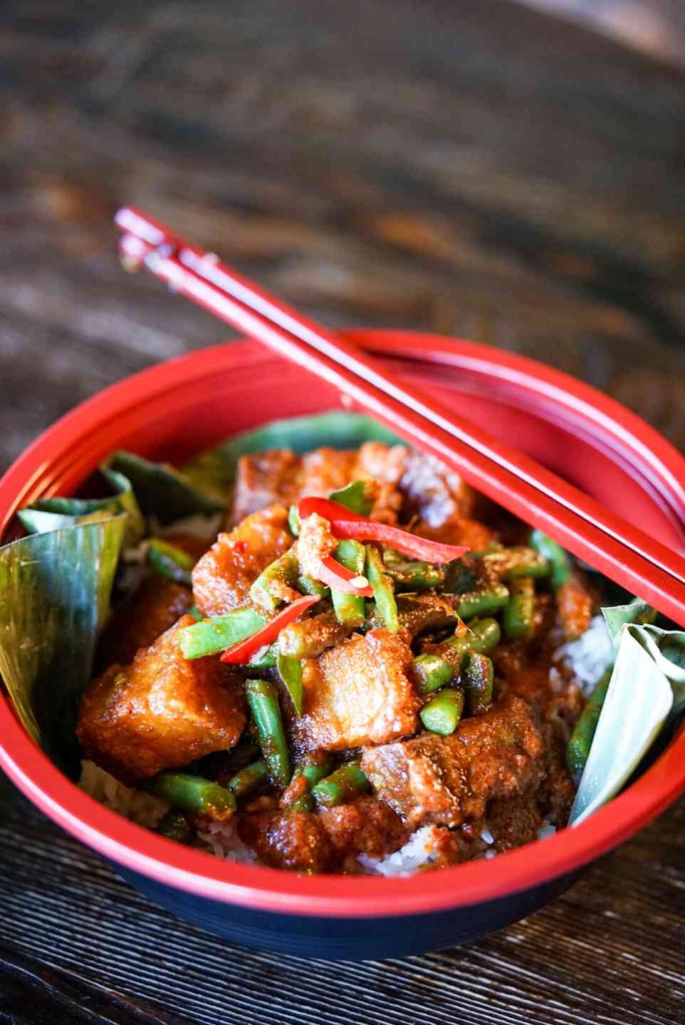 Prik Khing | Pork Belly w/Green Beans & Red Chili Paste (Over Rice)