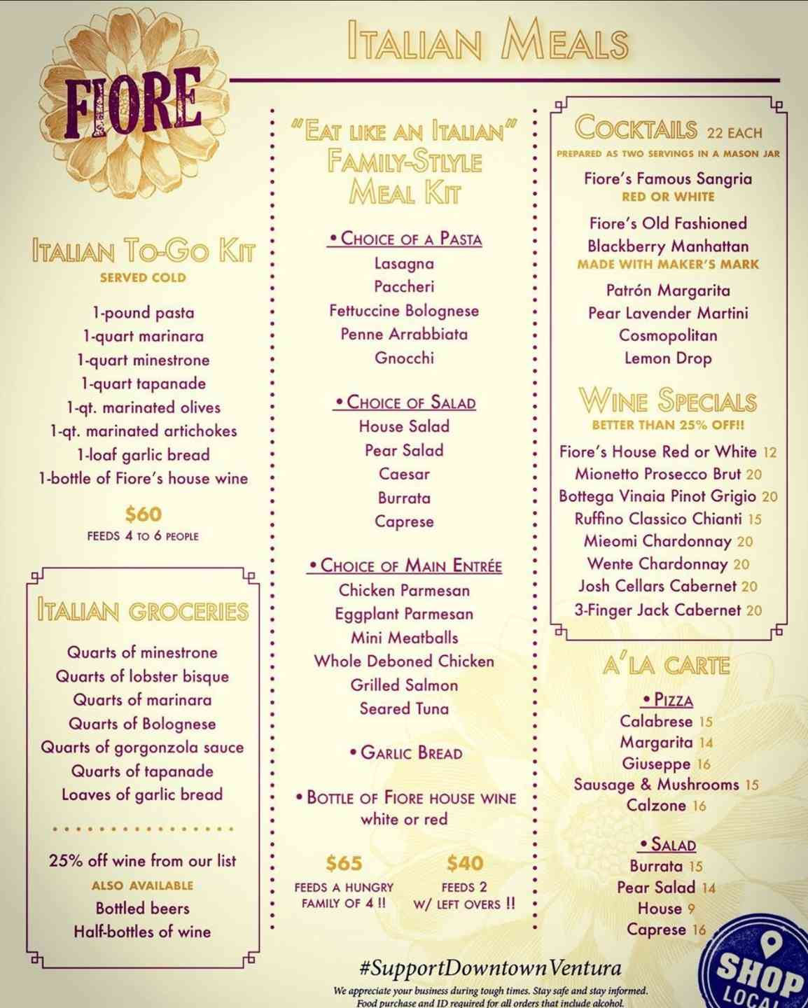 Italian Meals ToGo menu Cafe Fiore Italian Restaurant in Ventura, CA