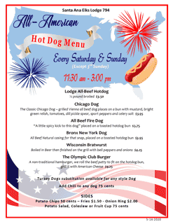 All American Hot Dog Menu - Weekly on Saturdays & Sundays (Except on Special Event Days)