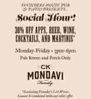 Join Us for Social hour Monday thru Friday from 3-6pm and get 30% off all appetizers, beer, wine and cocktails!