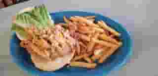 soft shell crab with mango pineapple salsa and fries