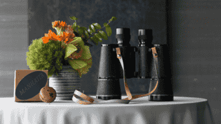 Manhatta Restaurant, Flowers, Binoculars on Table