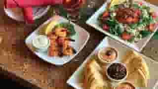 Shrimp Souvlaki W/Aioli, Salmon & Spinach Salad & Signature Spreads W/Pita