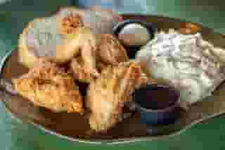 Fried chicken and mashed potatoes plate