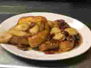 Caramelized banana-pecan french toast with brown sugar maple syrup