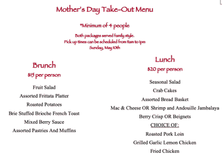 Mother's Day Take Out Menu