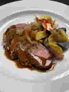 Grilled Sliced Beef with mushroom red wine reduction