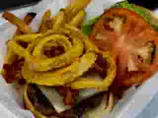 *BBQ Onion Strings Burger