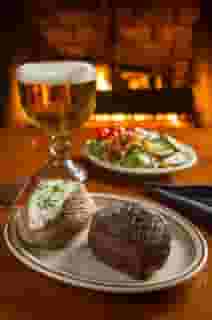 steak, potato, salad, beer