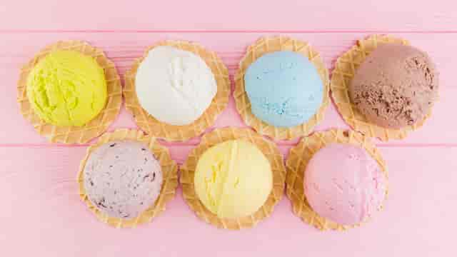Various flavors of icecream on waffle cone