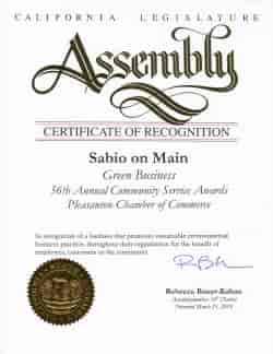 State of California Assembly recognizes Sabio on Main as a Green Business