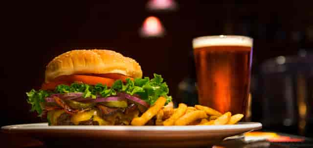 burger, fries, beer
