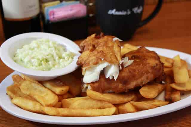 fish and chips with coleslaw