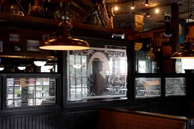 Sherlock etched into interior glass