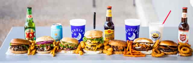 Nine different moonie's burgers with fries, tots and onion rings