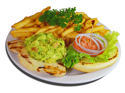 chicken sandwich topped with guac, lettuce, tomato, onions and a side of french fries