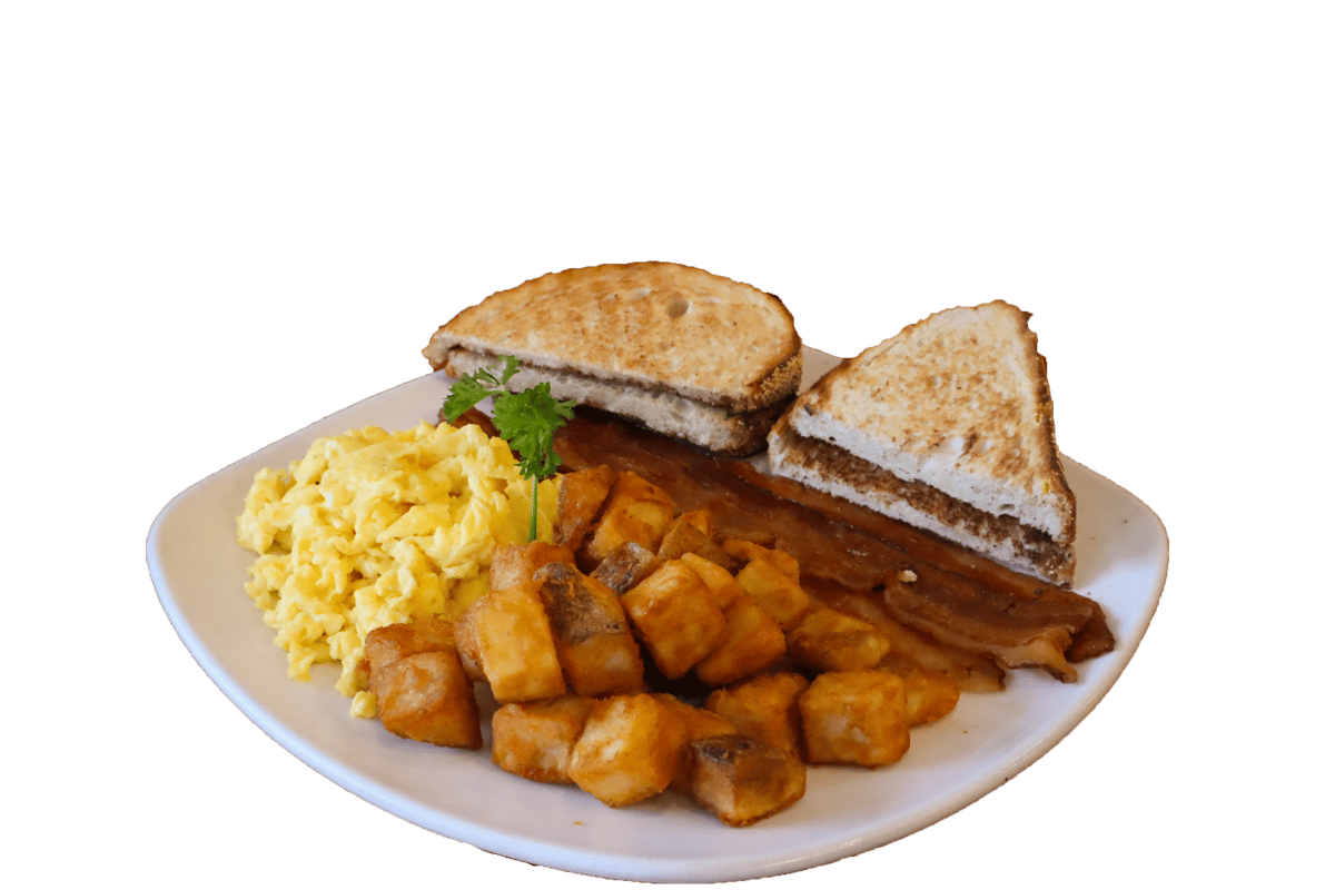 breakfast with toast, eggs, potatoes and bacon